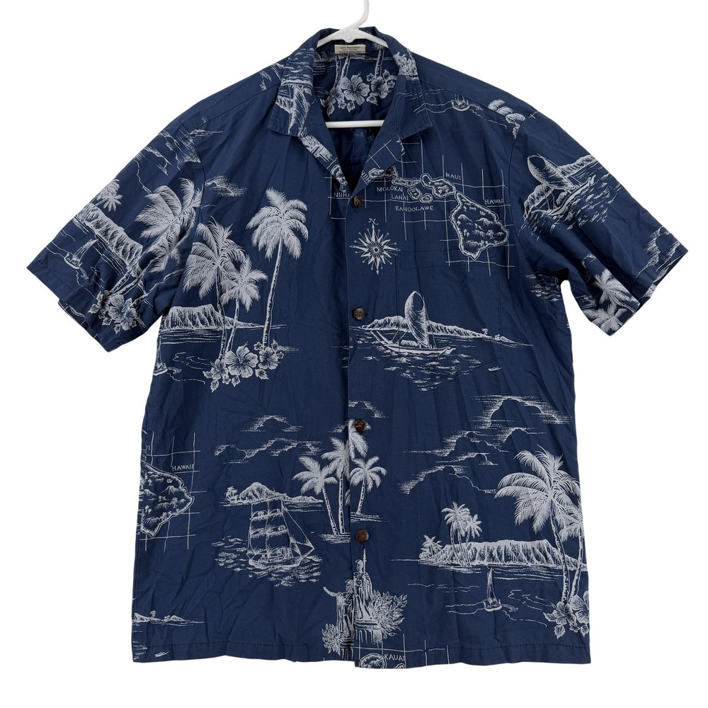 Royal Creations Shirt Mens Large Blue Hawaiian Map Short Sleeve Button Up Aloha - Picture 1 of 8